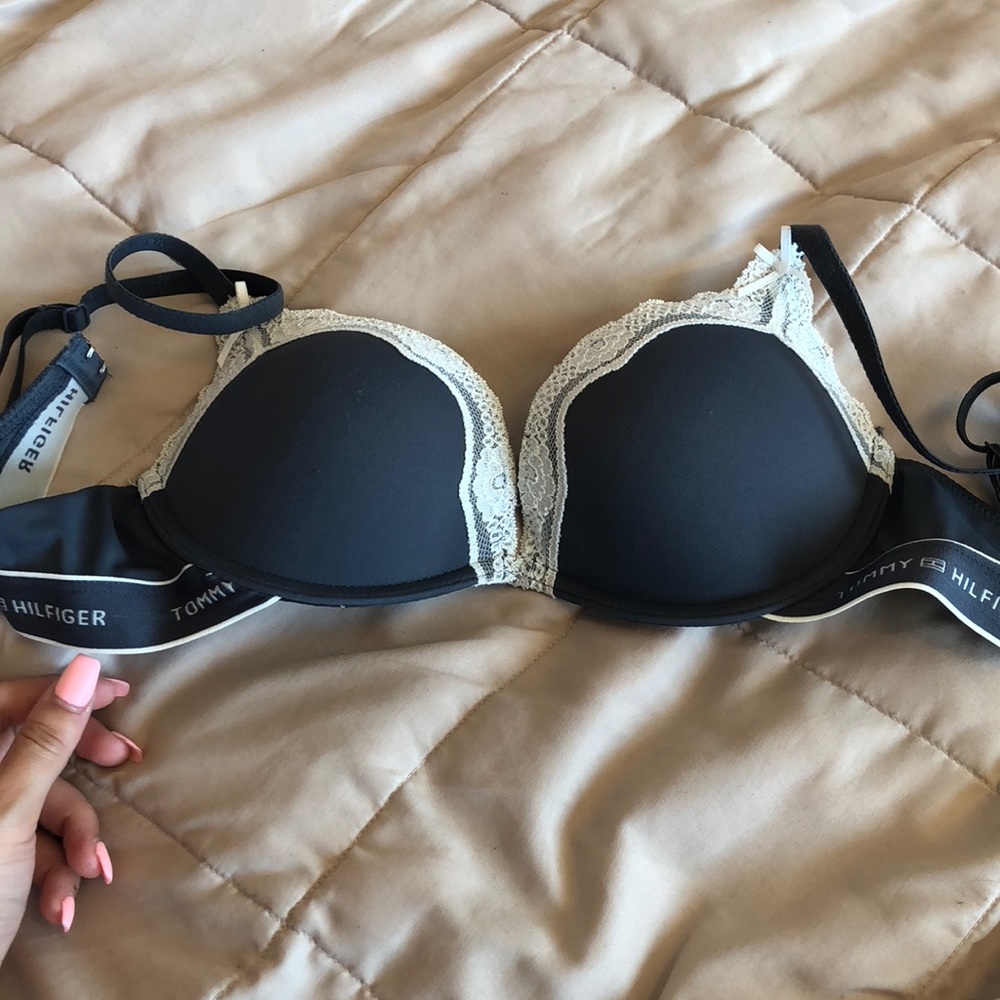 Grey and white lace push up bra